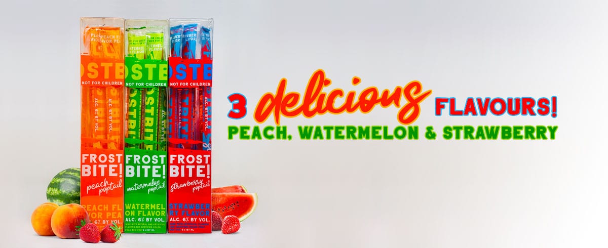 3 delicious flavours! Peach, Watermelon & Strawberry (with photo of Frostbite 6-pack boxes and fresh fruit)